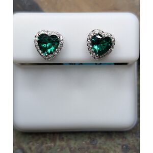 💚 Sterling Silver Green Nano Emerald Heart Halo Stud Earrings – 6mm – 1.82 CTW